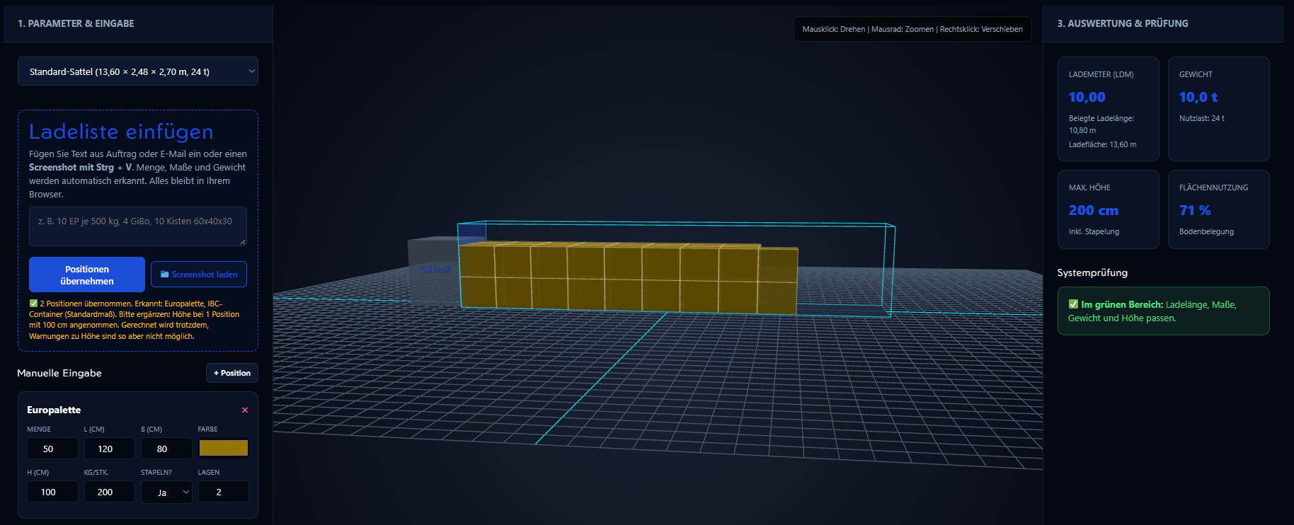 3D Lademeter Rechner Beladungssimulation Europaletten PLZ Profi