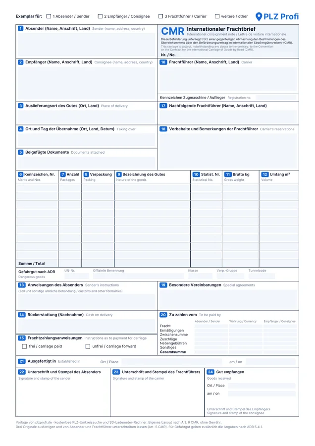 Preview of the PLZ Profi CMR consignment note template, fillable PDF